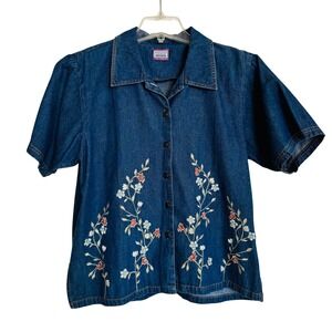Premier International Vintage Denim Floral Embroidered Button Up Shirt Medium